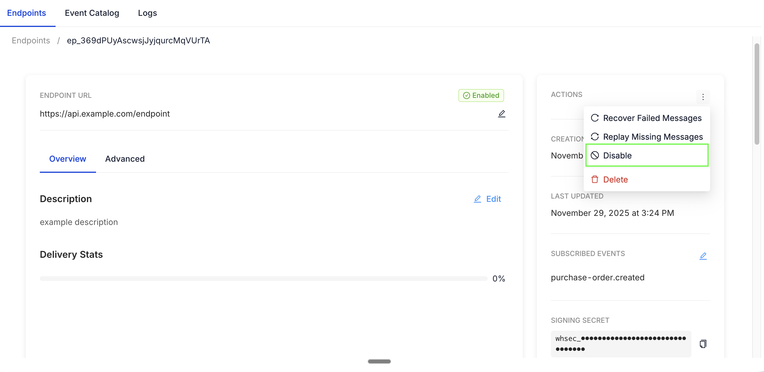 Enable / Disable from action menu