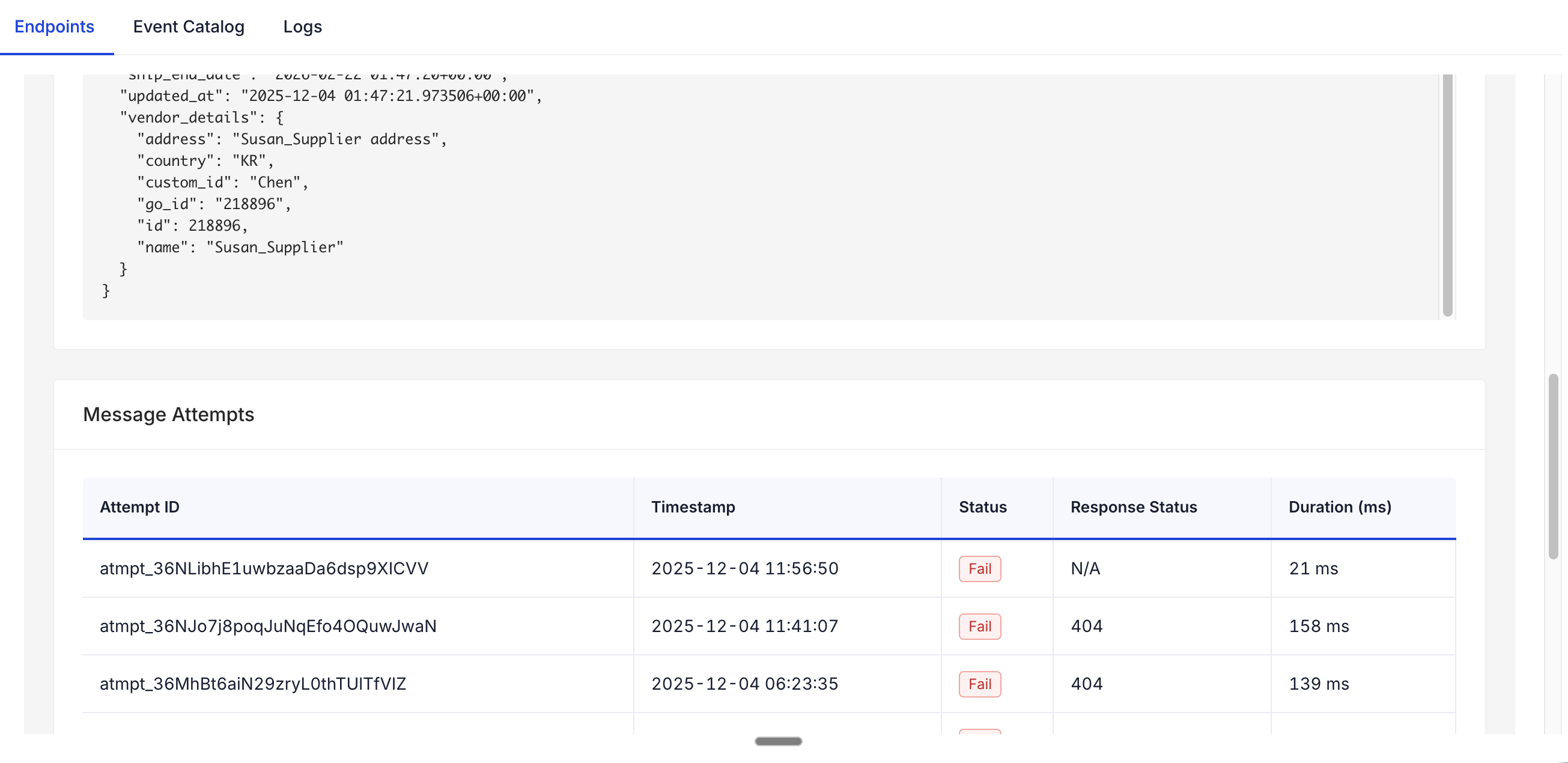 Message details with logs